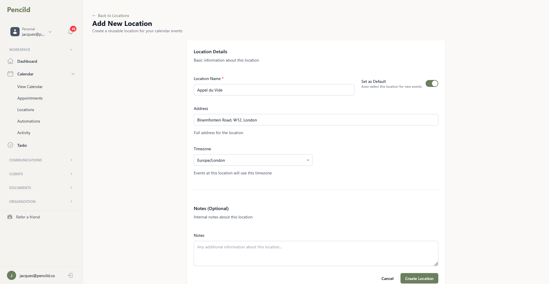 pencild add new location form with name, address, timezone, and default location toggle