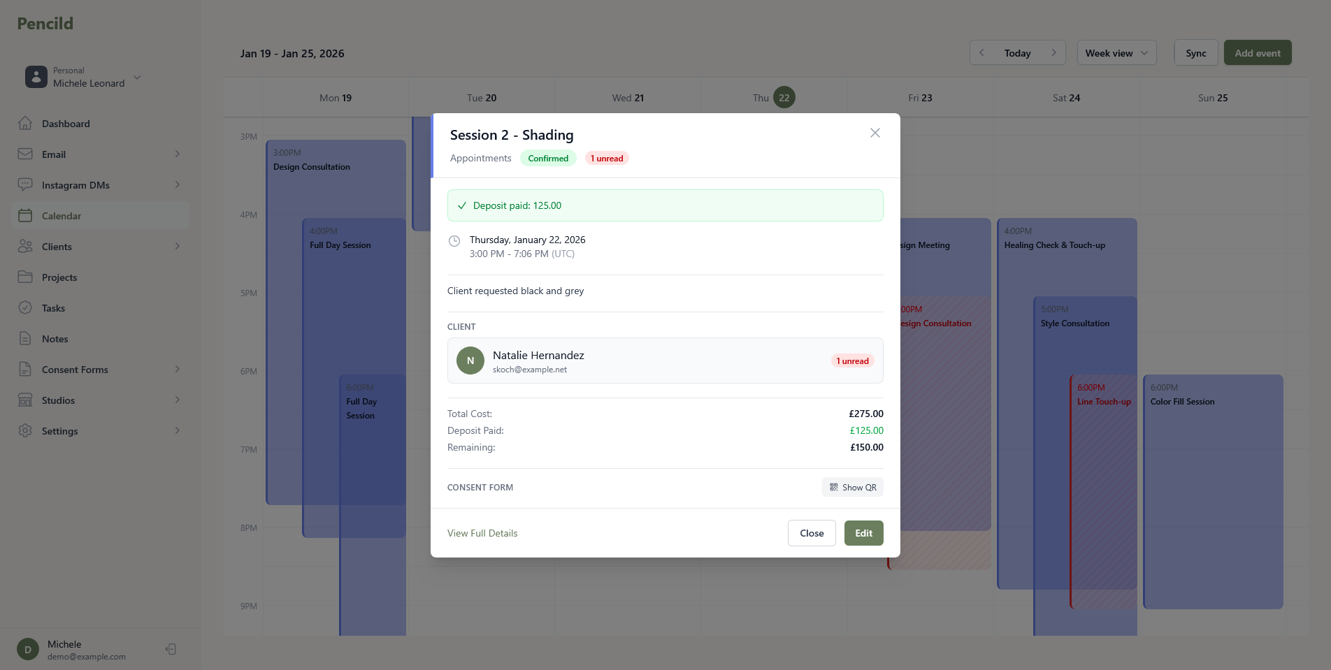 pencild appointment detail showing booking and deposit information
