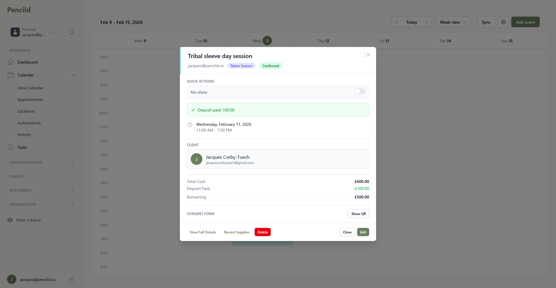 pencild appointment detail modal showing session info, deposit status, client details, and consent form