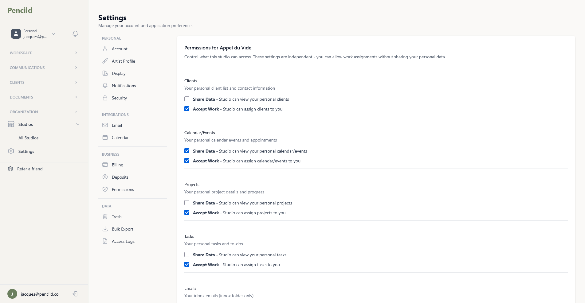 pencild studio permissions settings showing granular access controls for clients, calendar, projects, tasks, and emails