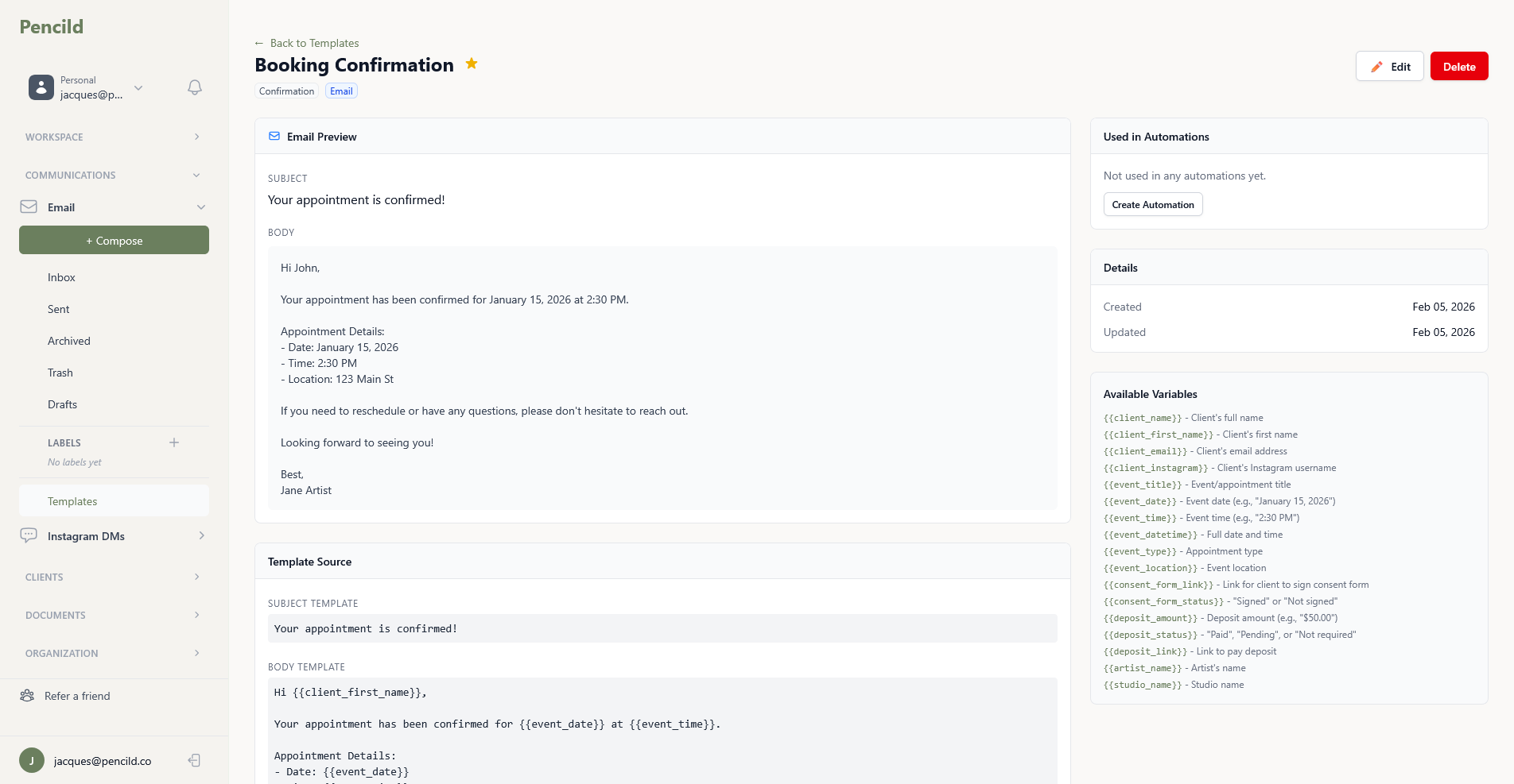 pencild booking confirmation template with email preview, template variables, and automation integration