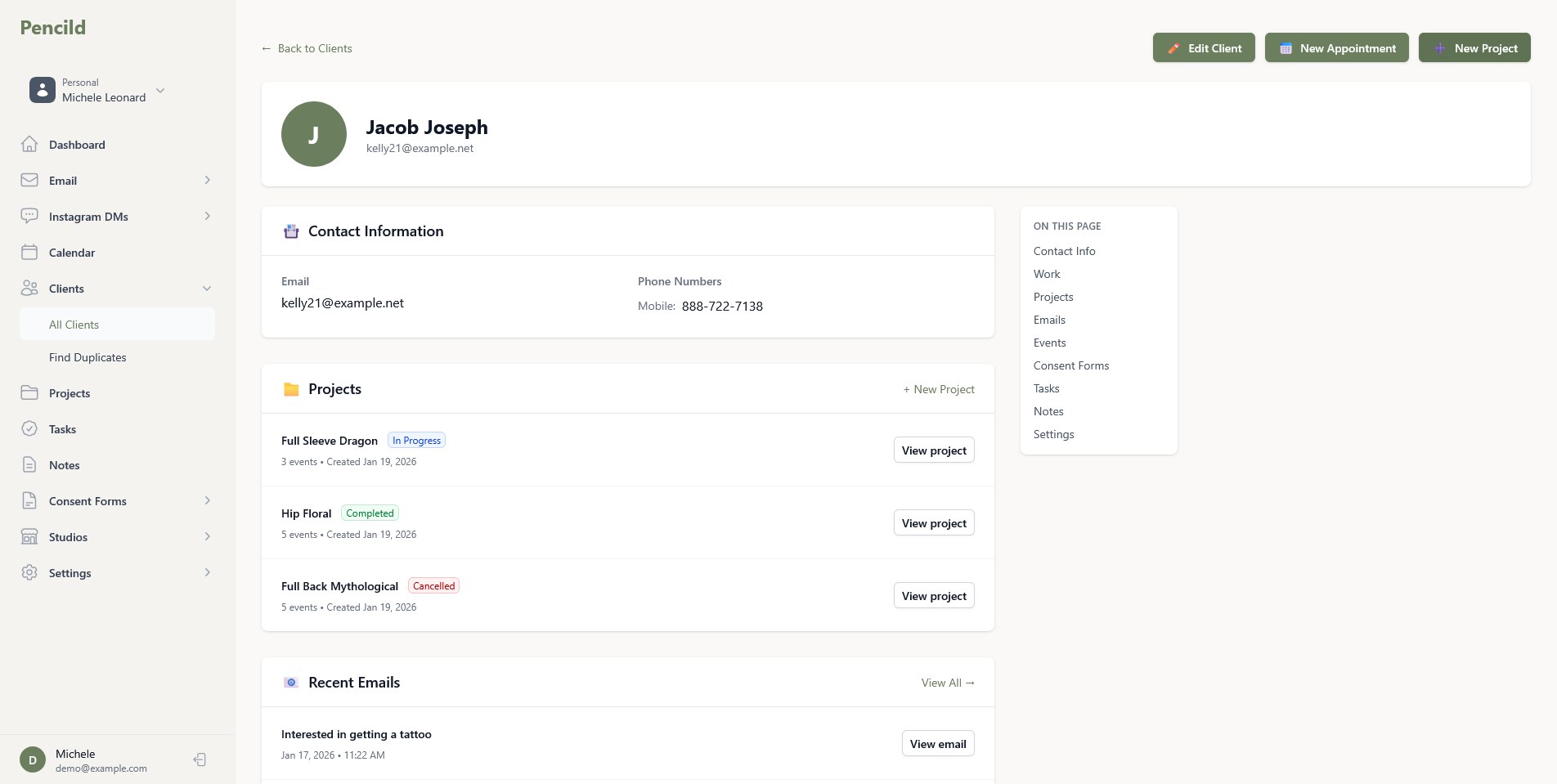 pencild client profile showing conversation history and project details