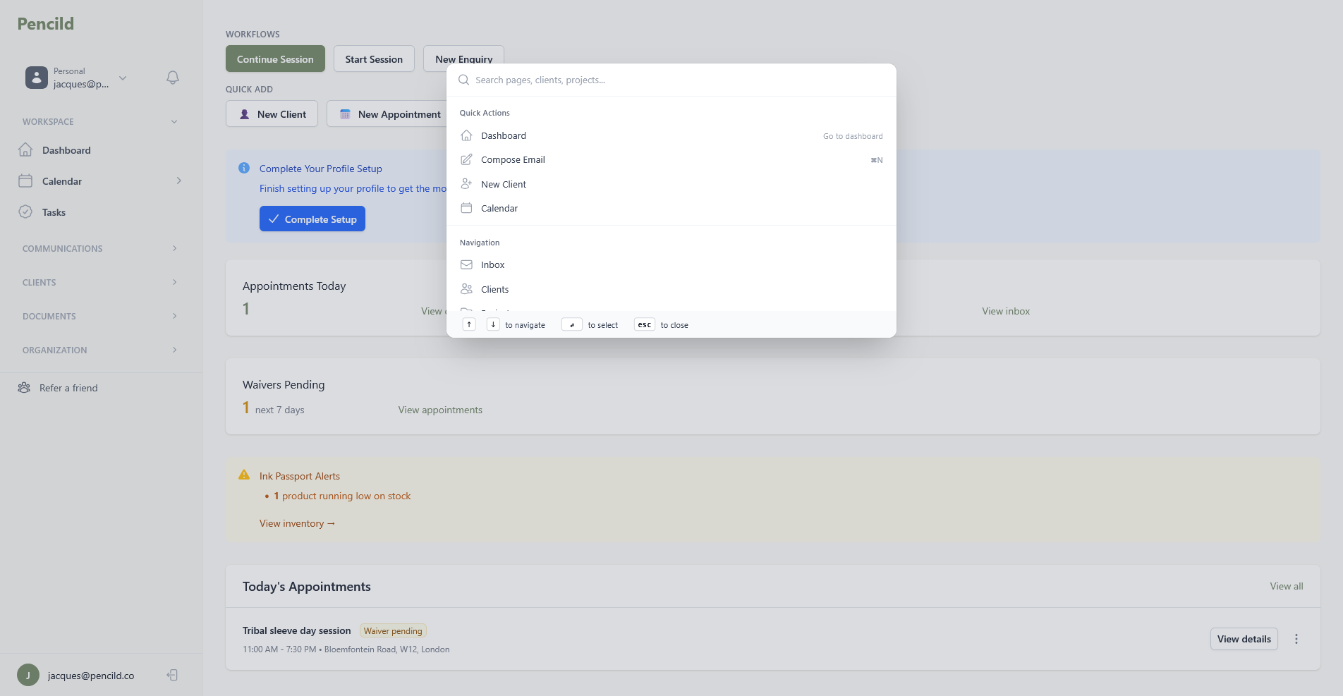 pencild dashboard with command palette showing quick actions, navigation, and workflow shortcuts