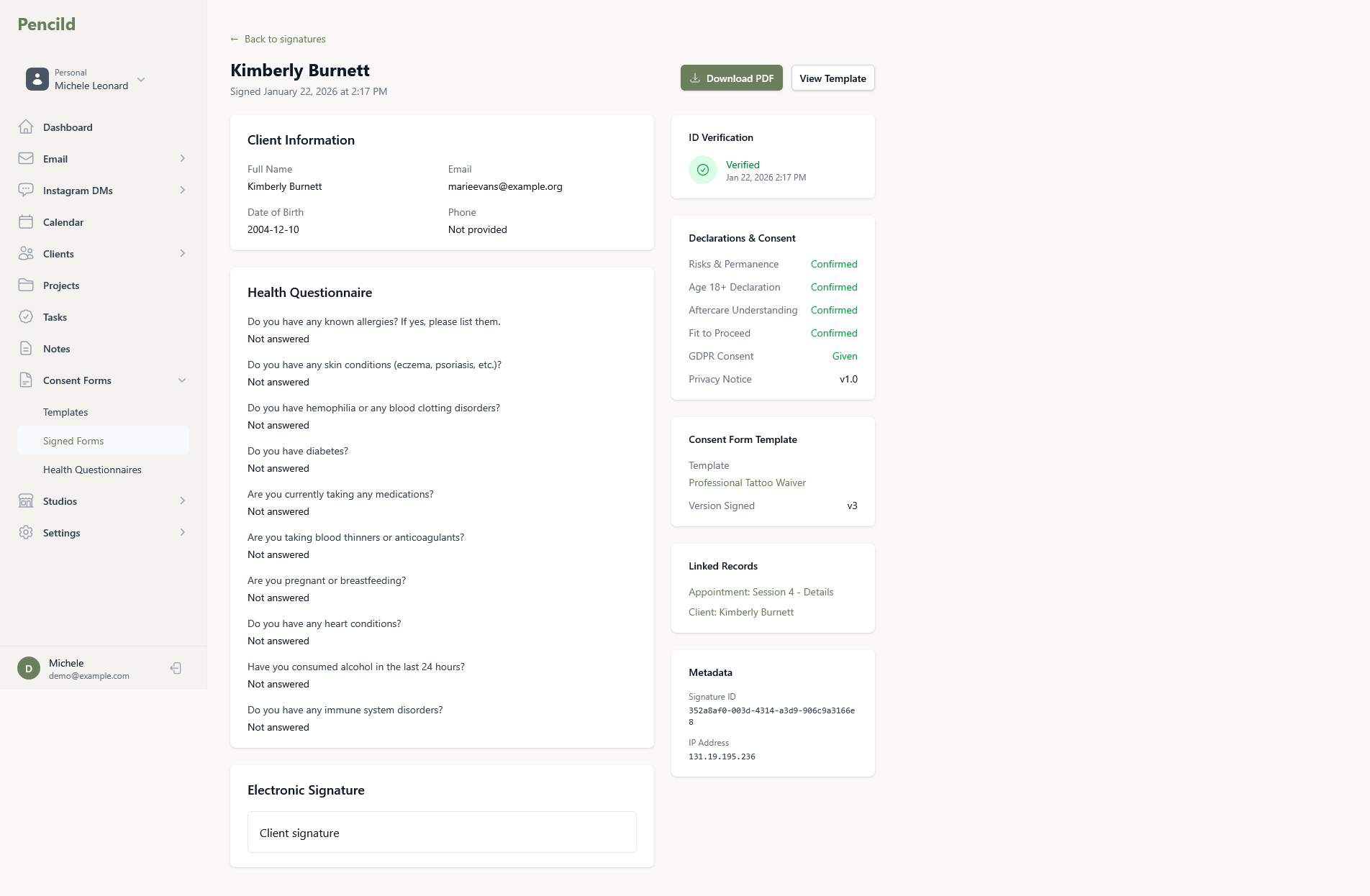 pencild digital consent form signing flow