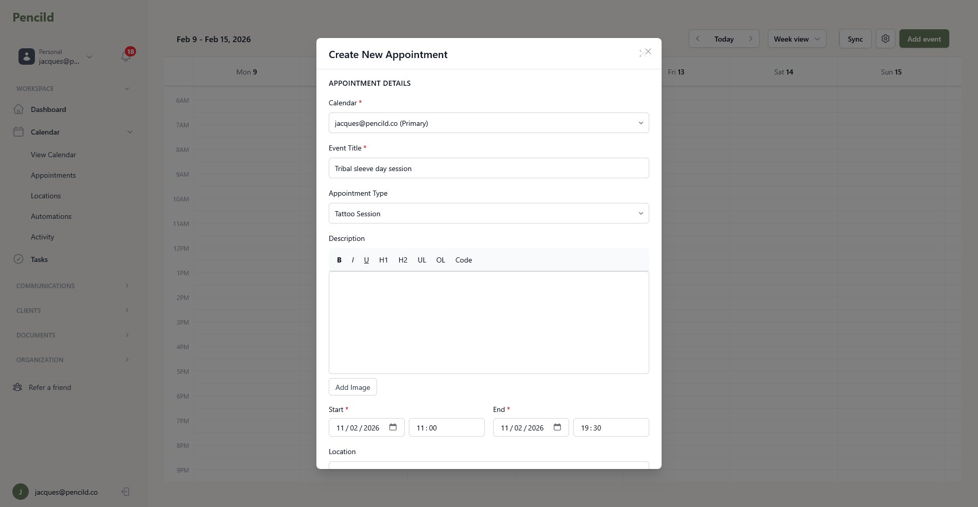 pencild create new appointment modal with calendar, event title, appointment type, and scheduling fields