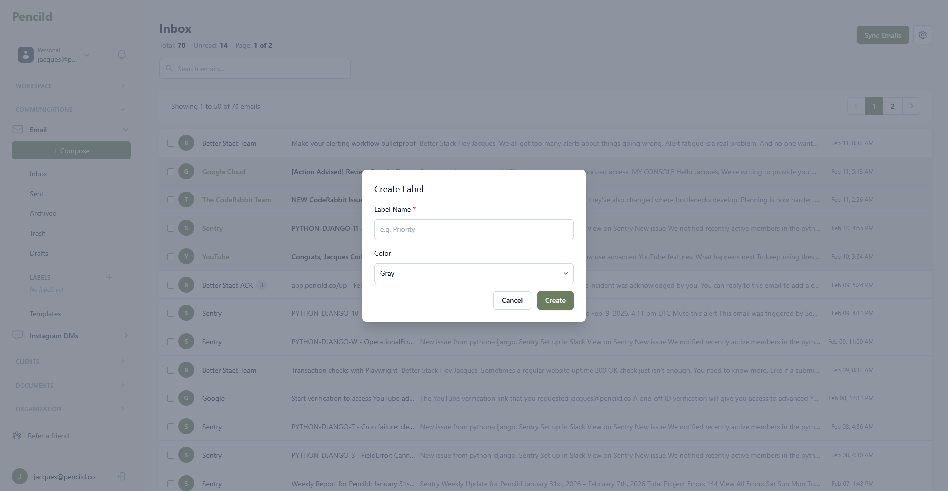 pencild email inbox with label creation dialog for organising client conversations