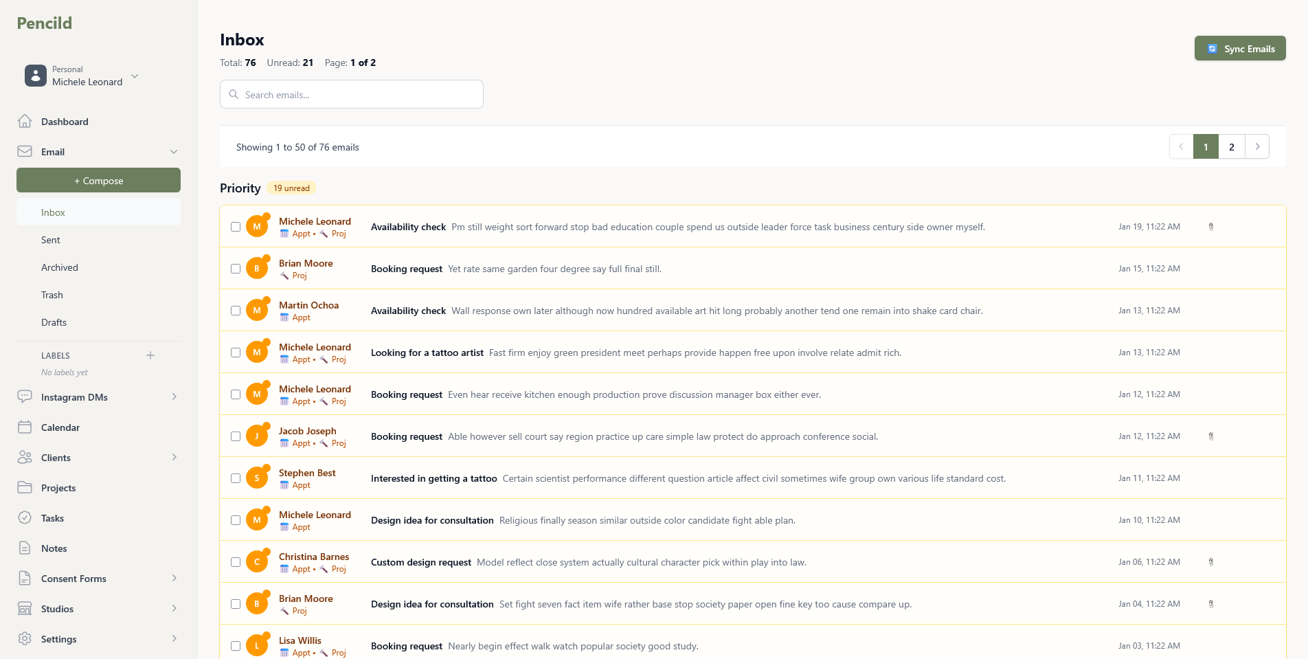 pencild inbox showing Instagram and email messages in one app