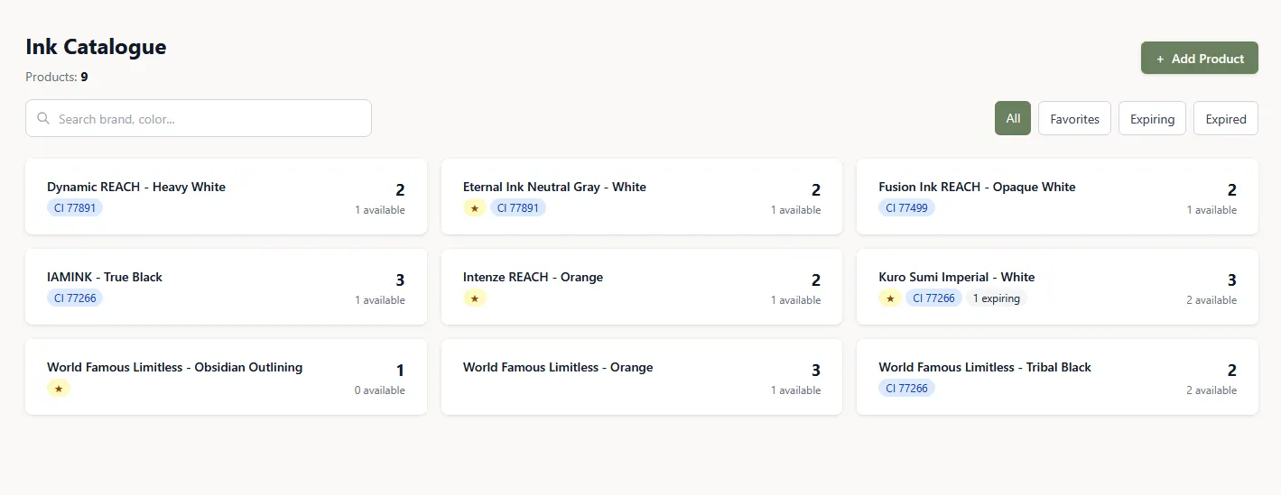 pencild ink catalogue showing a list of ink products with brands and colours