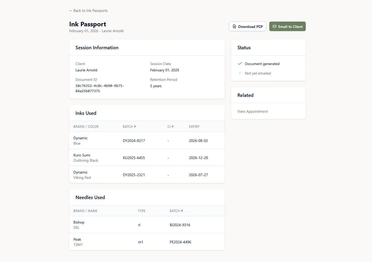 A pencild Ink Passport showing session details, inks used with batch numbers, and body areas