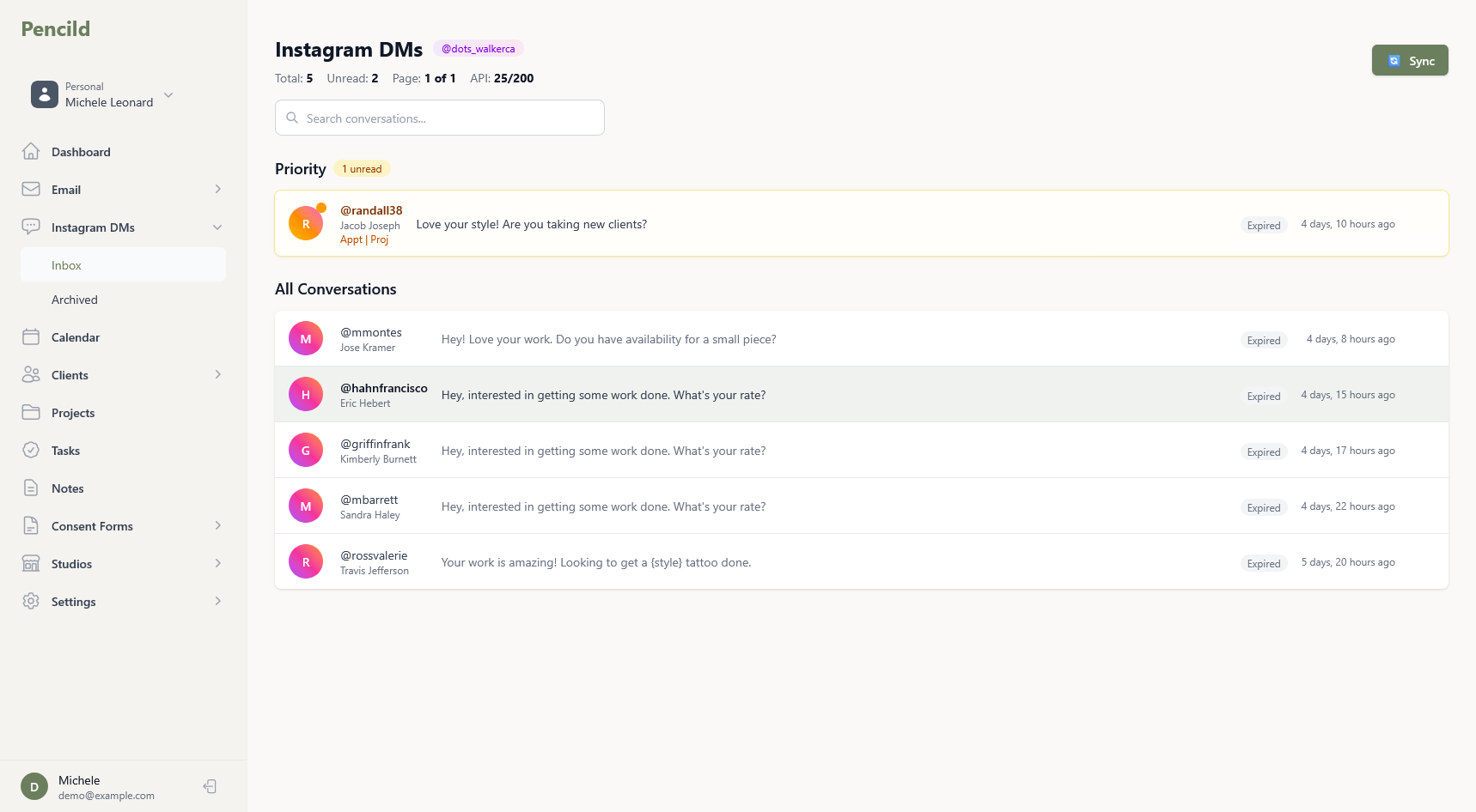 pencild inbox showing messages from different platforms