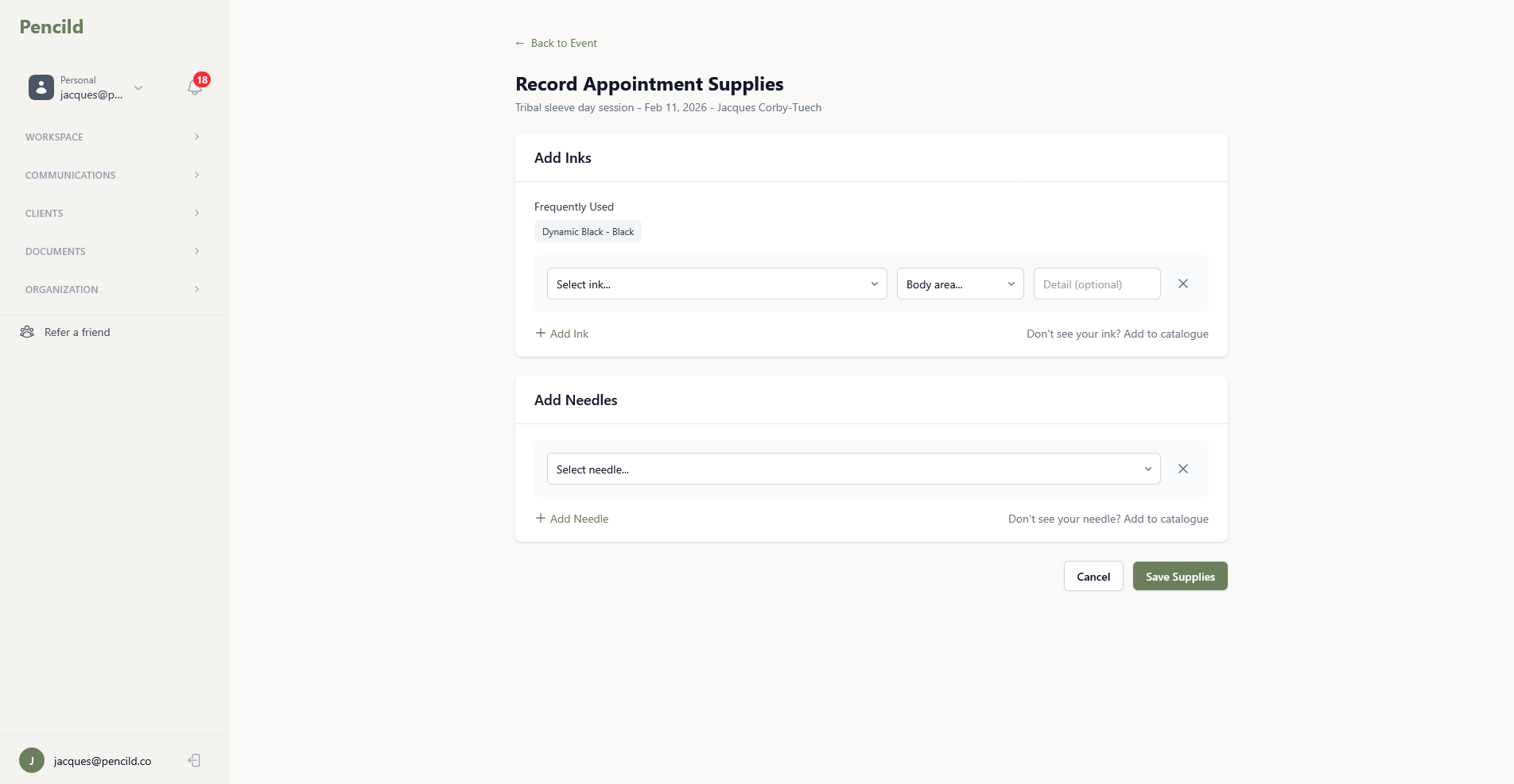 pencild record appointment supplies form showing ink and needle selection with batch tracking