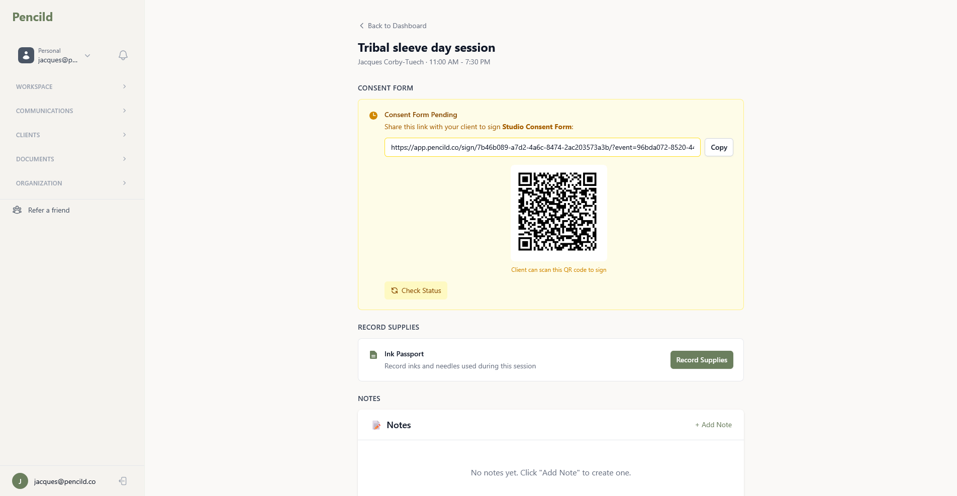 pencild session view showing consent form status, supply recording, and session notes
