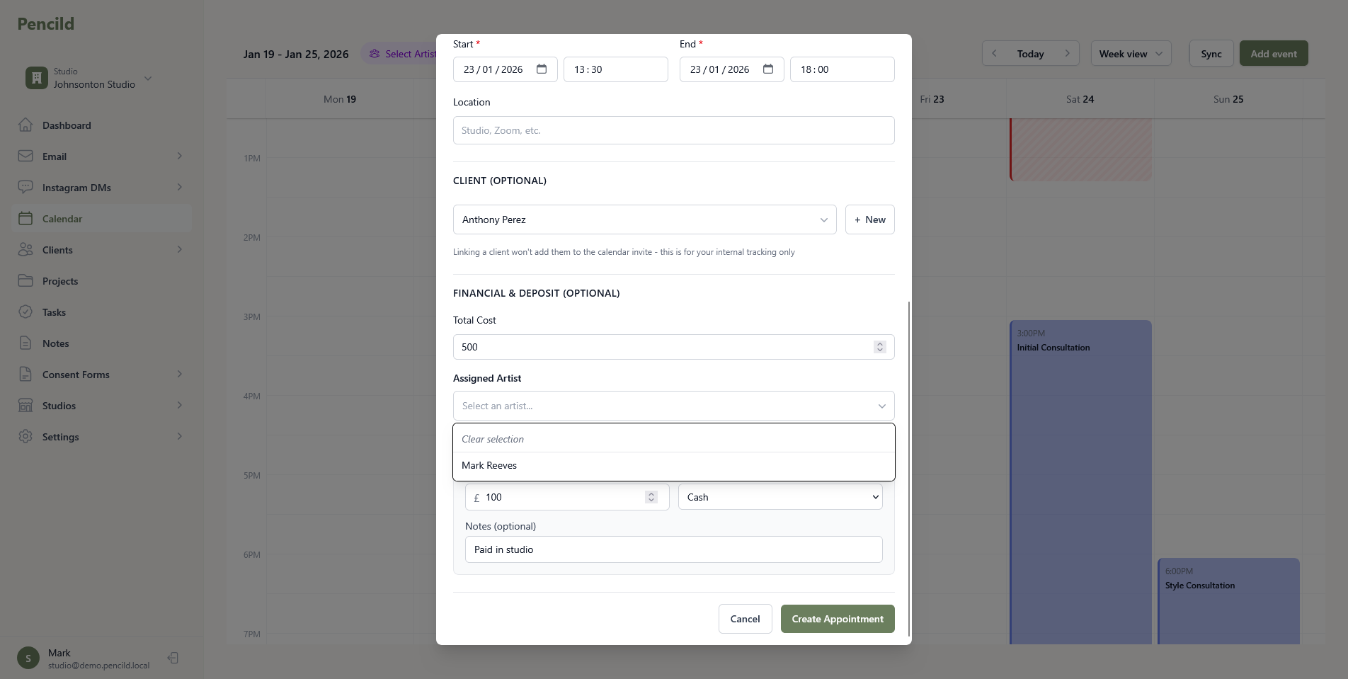 pencild calendar view showing appointments and availability
